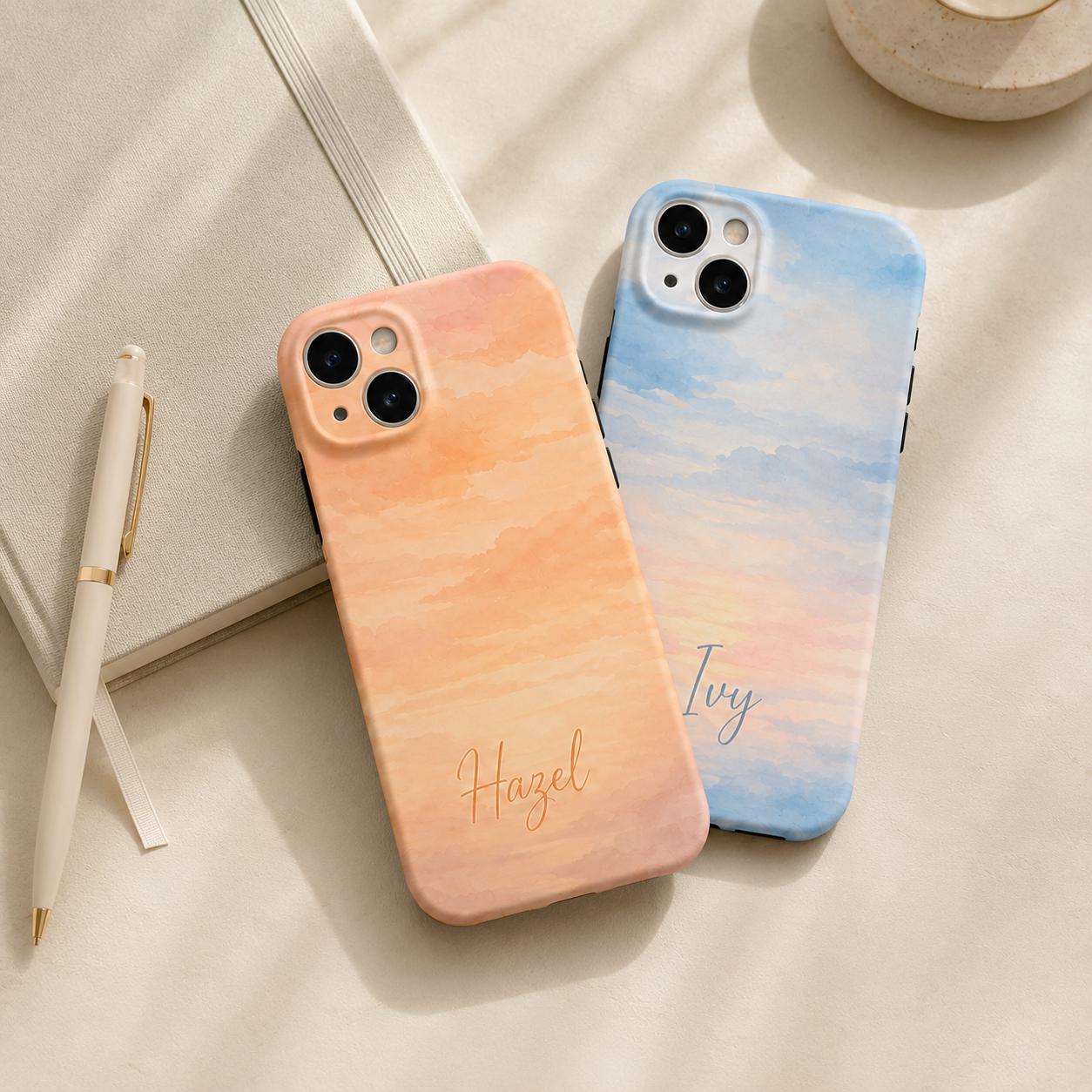 Custom Sunset Phone Case, Personalized Watercolor Sky iPhone Case, Pastel Cloud Name Case Gift for Her