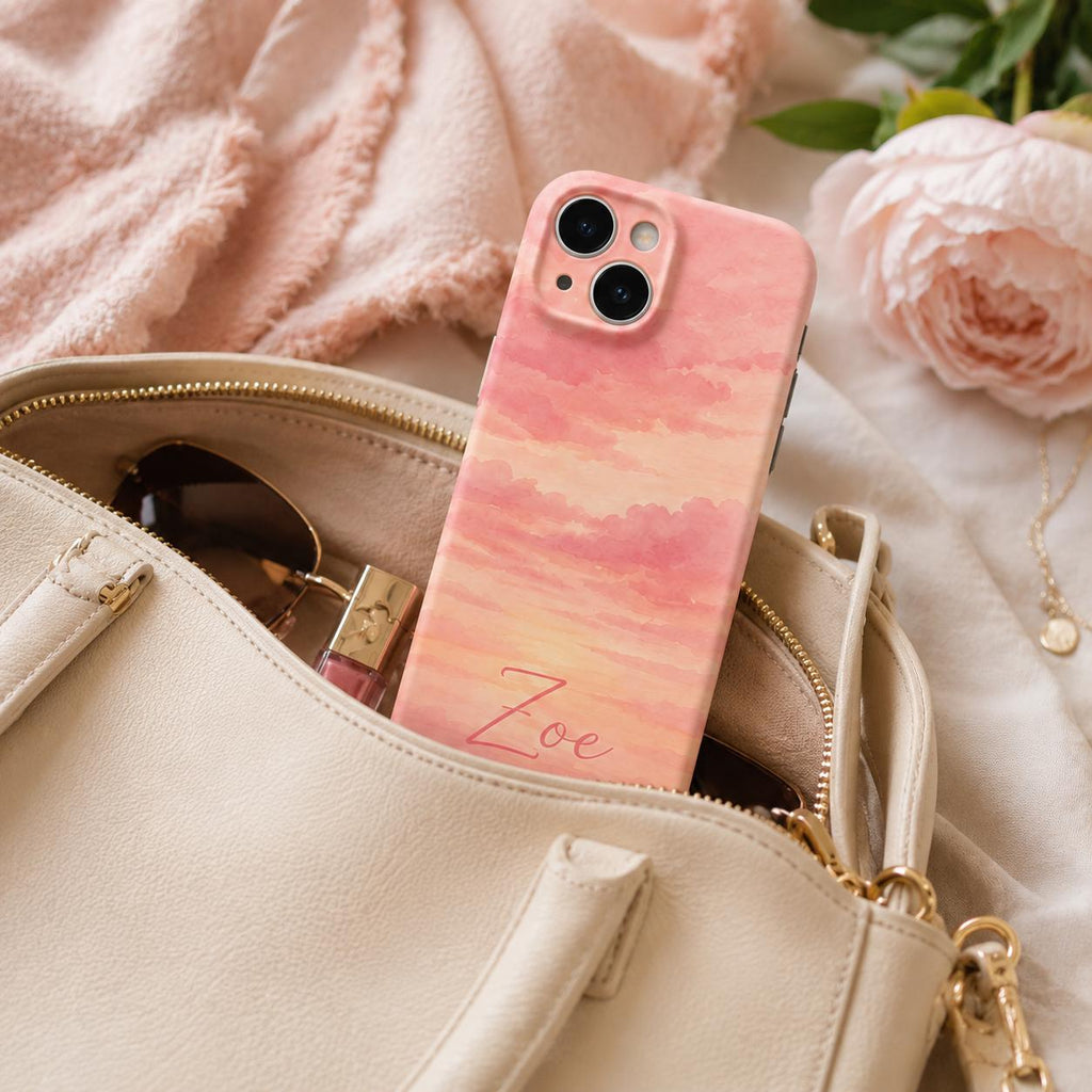 Custom Sunset Phone Case, Personalized Watercolor Sky iPhone Case, Pastel Cloud Name Case Gift for Her