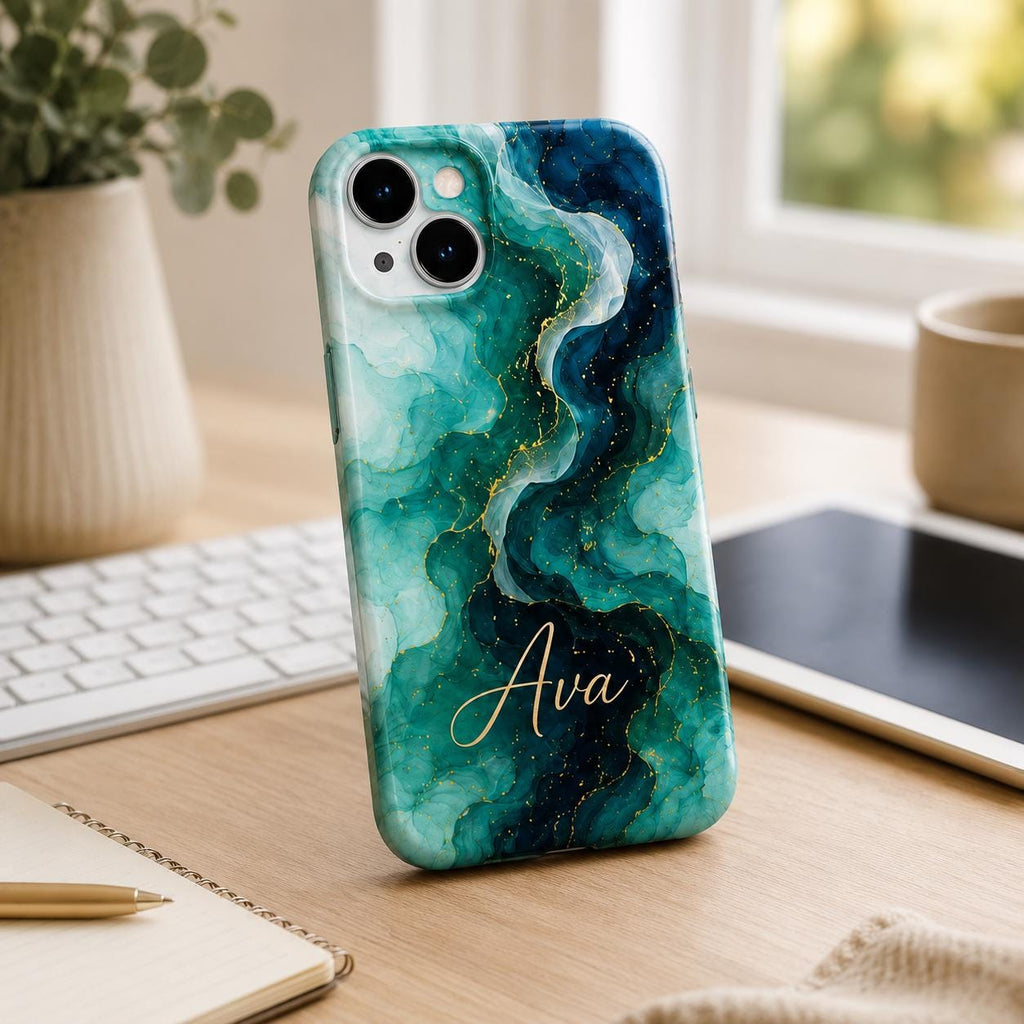 Custom Blue Marble Phone Case, Personalized Ink Art iPhone Case, Navy Gold Abstract Name Case Gift