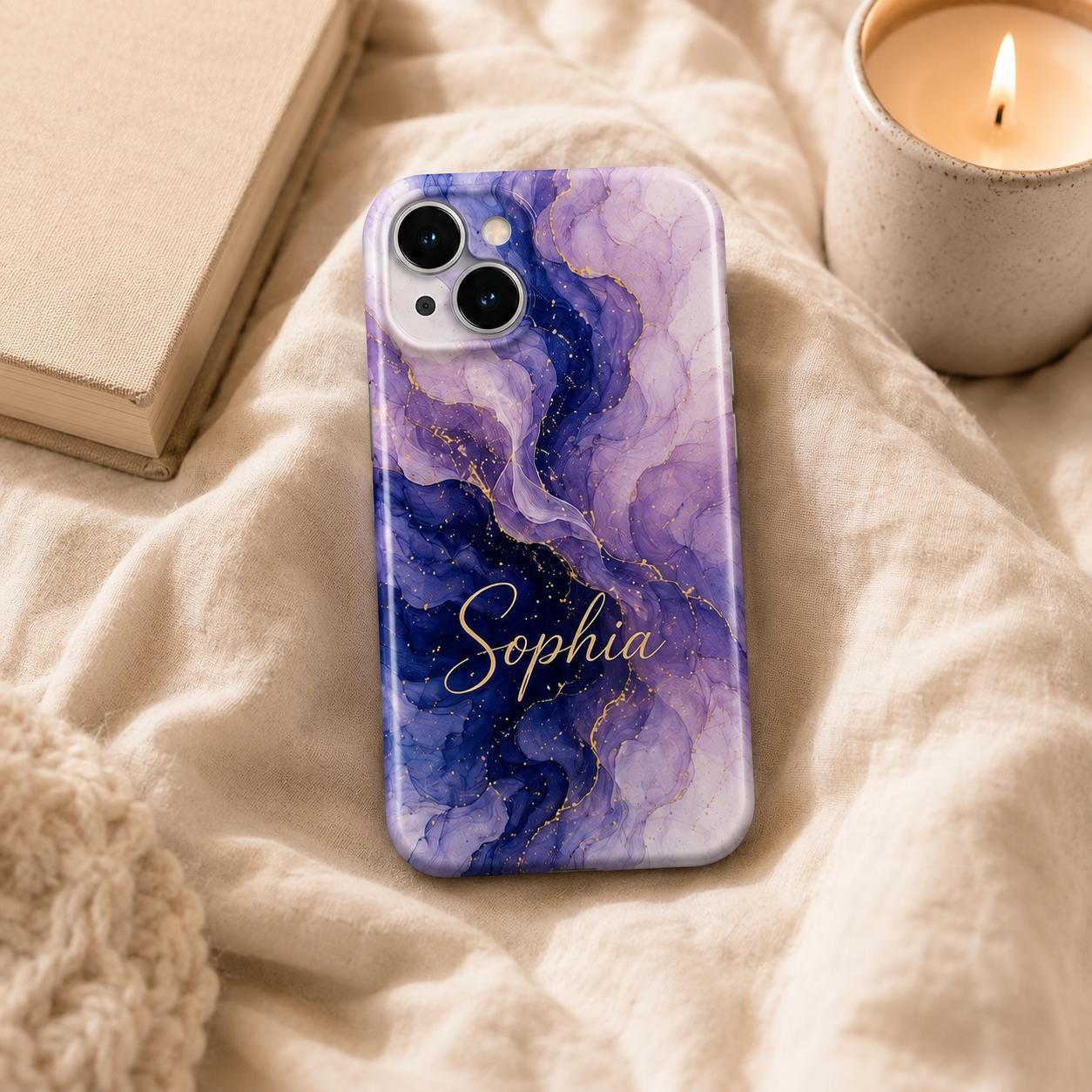 Custom Blue Marble Phone Case, Personalized Ink Art iPhone Case, Navy Gold Abstract Name Case Gift