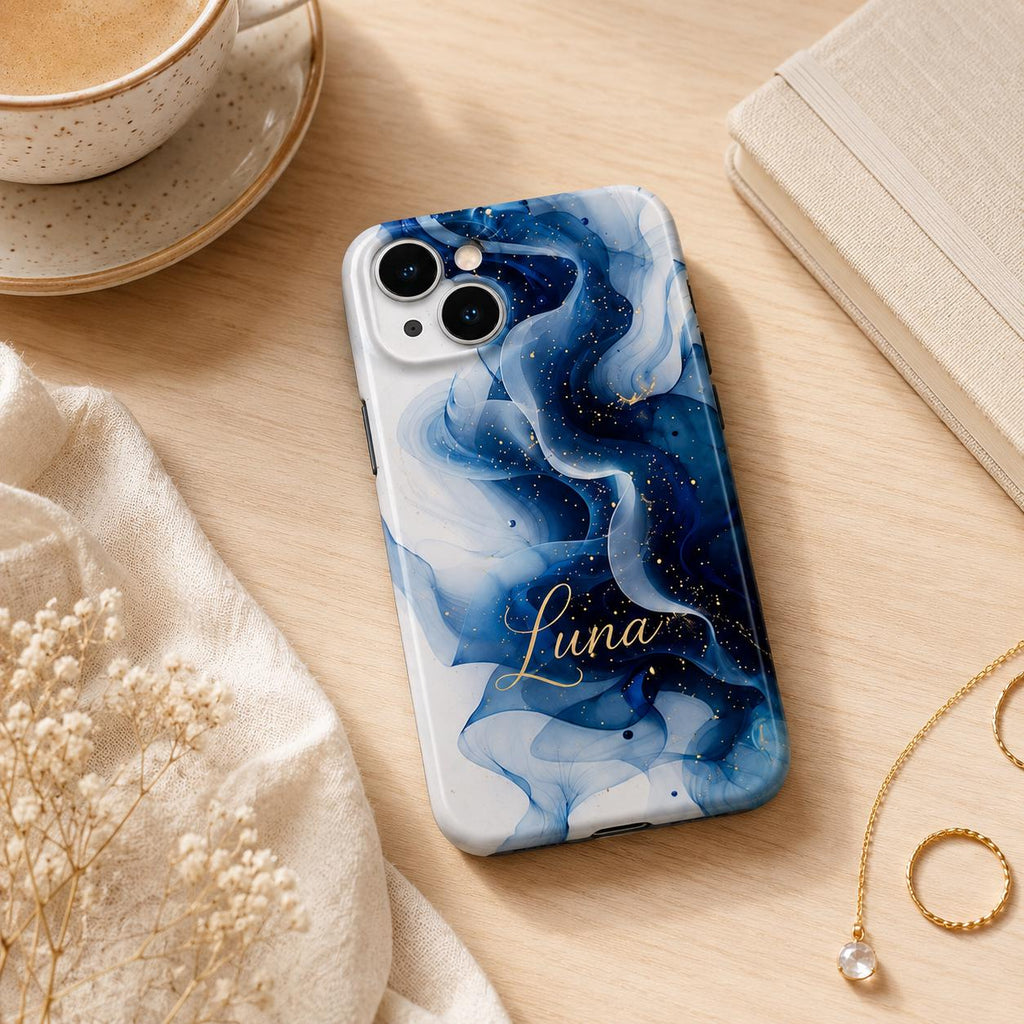 Custom Blue Marble Phone Case, Personalized Ink Art iPhone Case, Navy Gold Abstract Name Case Gift