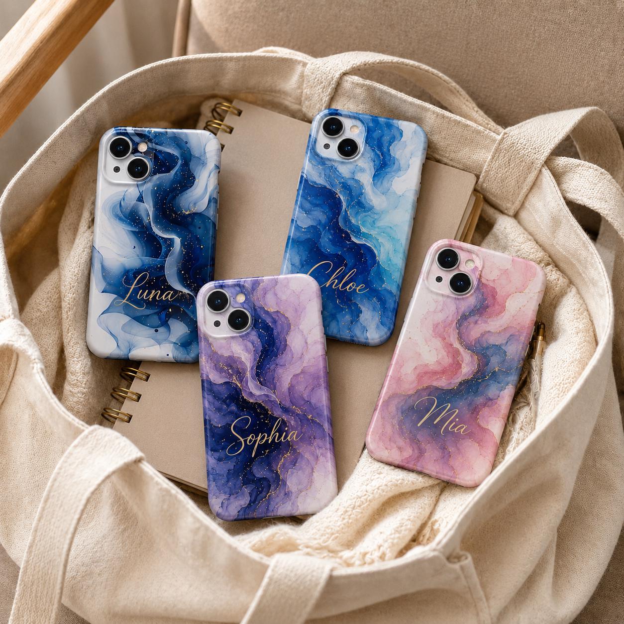Custom Blue Marble Phone Case, Personalized Ink Art iPhone Case, Navy Gold Abstract Name Case Gift