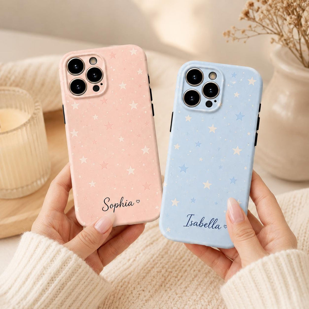 Custom Pastel Star Phone Case, Personalized Celestial iPhone Case, Cute Moon Stars Name Case Gift for Her