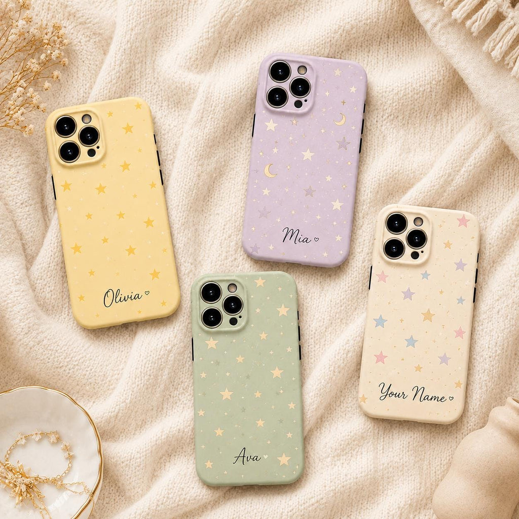 Custom Pastel Star Phone Case, Personalized Celestial iPhone Case, Cute Moon Stars Name Case Gift for Her