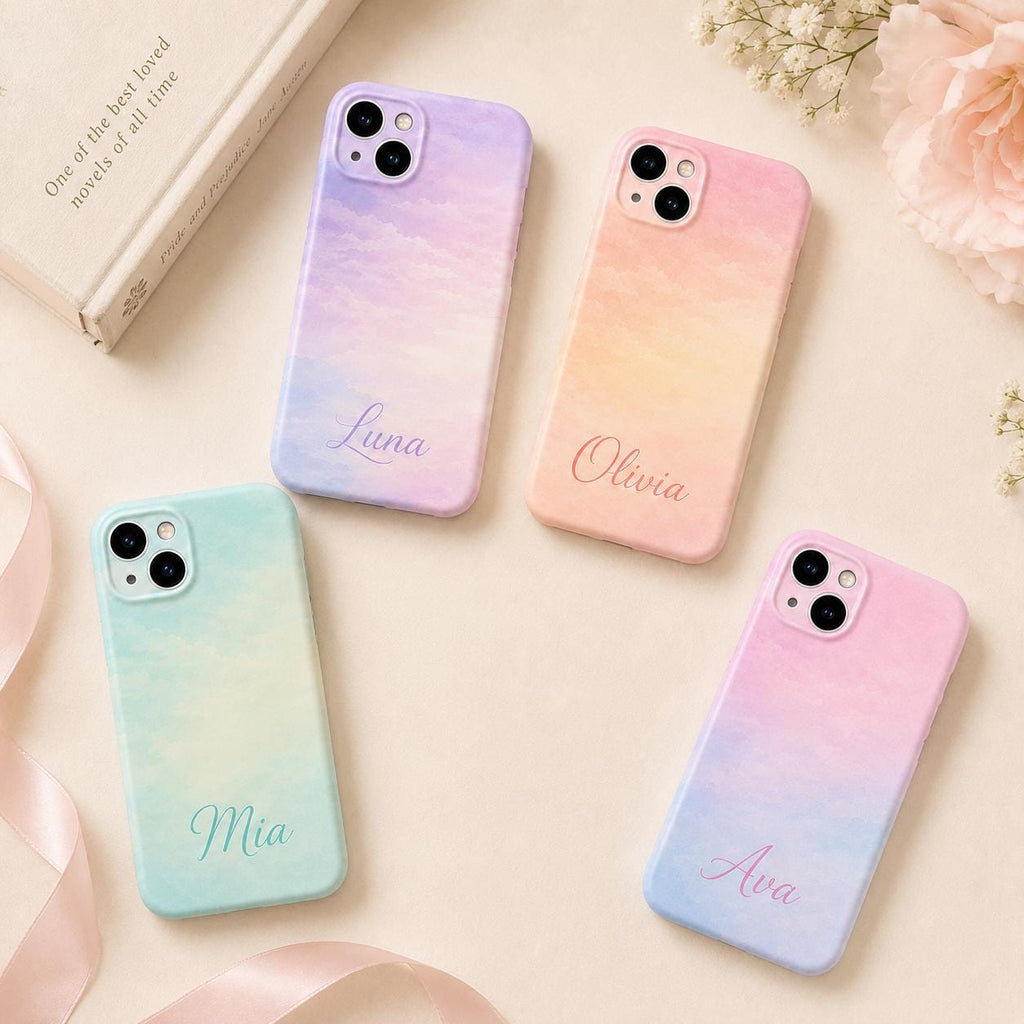 Custom Pastel Phone Case, Personalized Watercolor Sky iPhone Case, Minimal Name Case Gift For Her