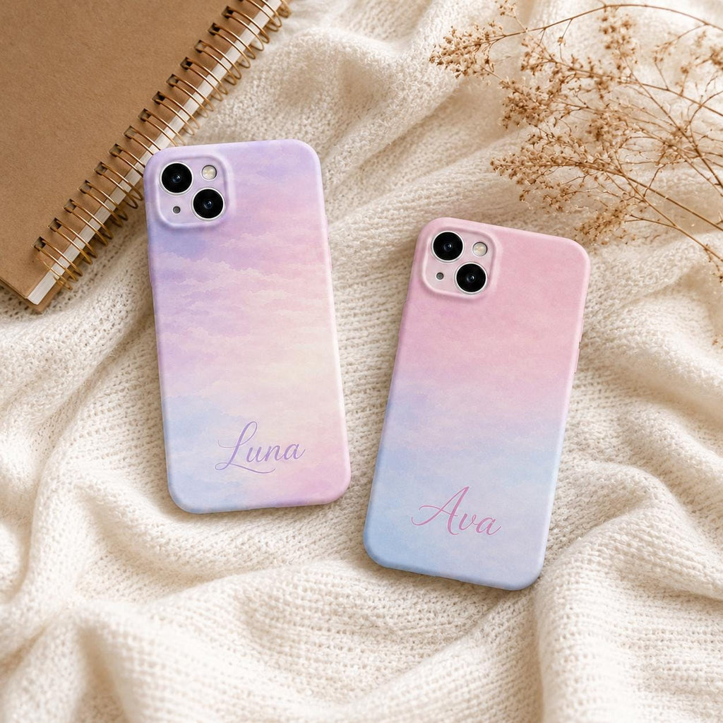 Custom Pastel Phone Case, Personalized Watercolor Sky iPhone Case, Minimal Name Case Gift For Her