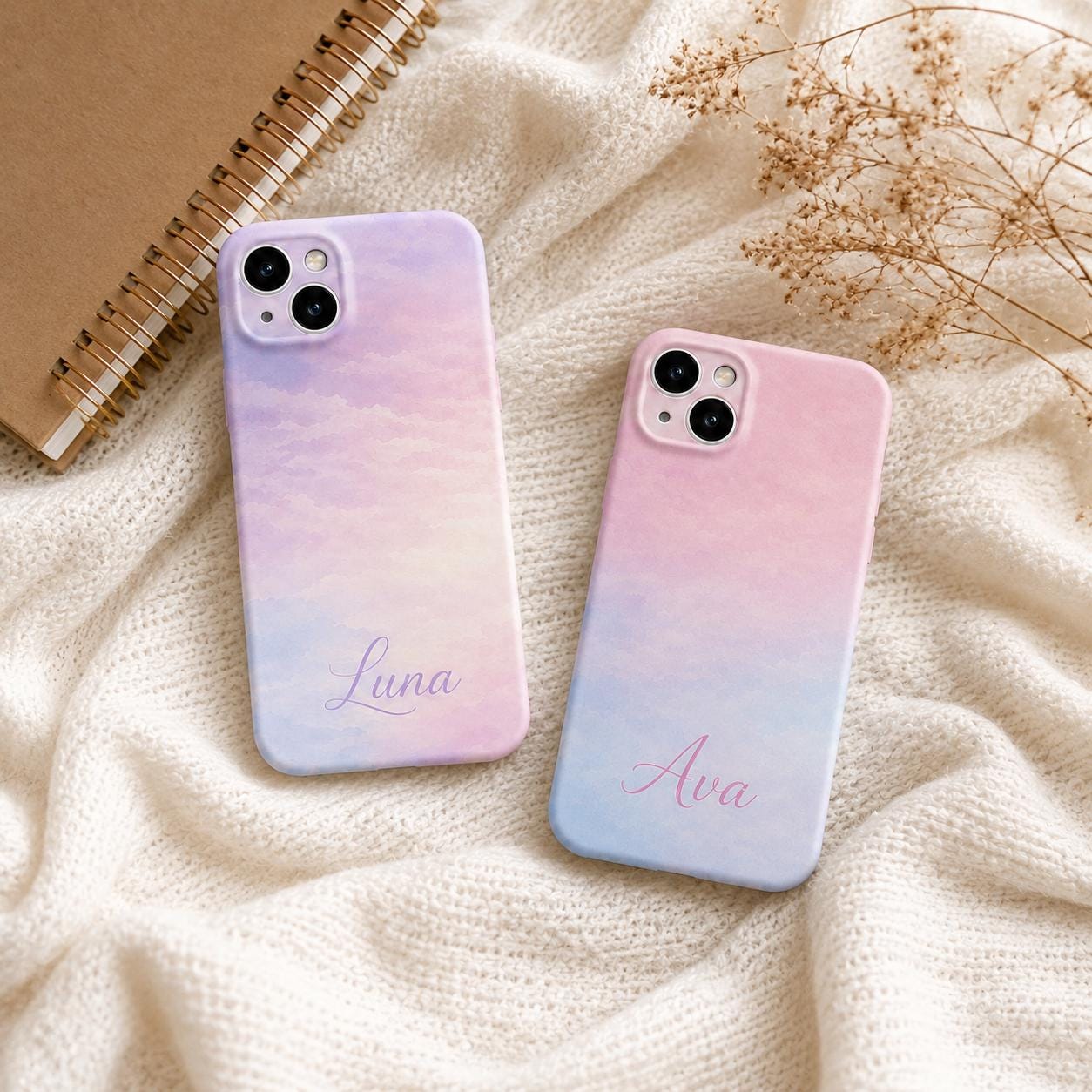 Custom Pastel Phone Case, Personalized Watercolor Sky iPhone Case, Minimal Name Case Gift For Her