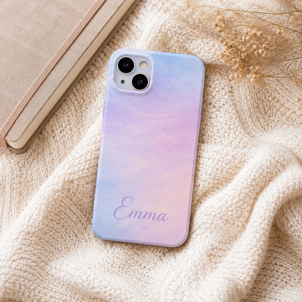 Custom Pastel Phone Case, Personalized Watercolor Sky iPhone Case, Minimal Name Case Gift For Her
