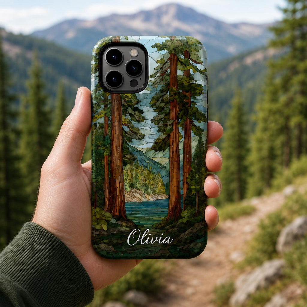 Custom Nature Phone Case, Personalized Mosaic iPhone Case, Forest Mountain Ocean Name Case Gift For Her