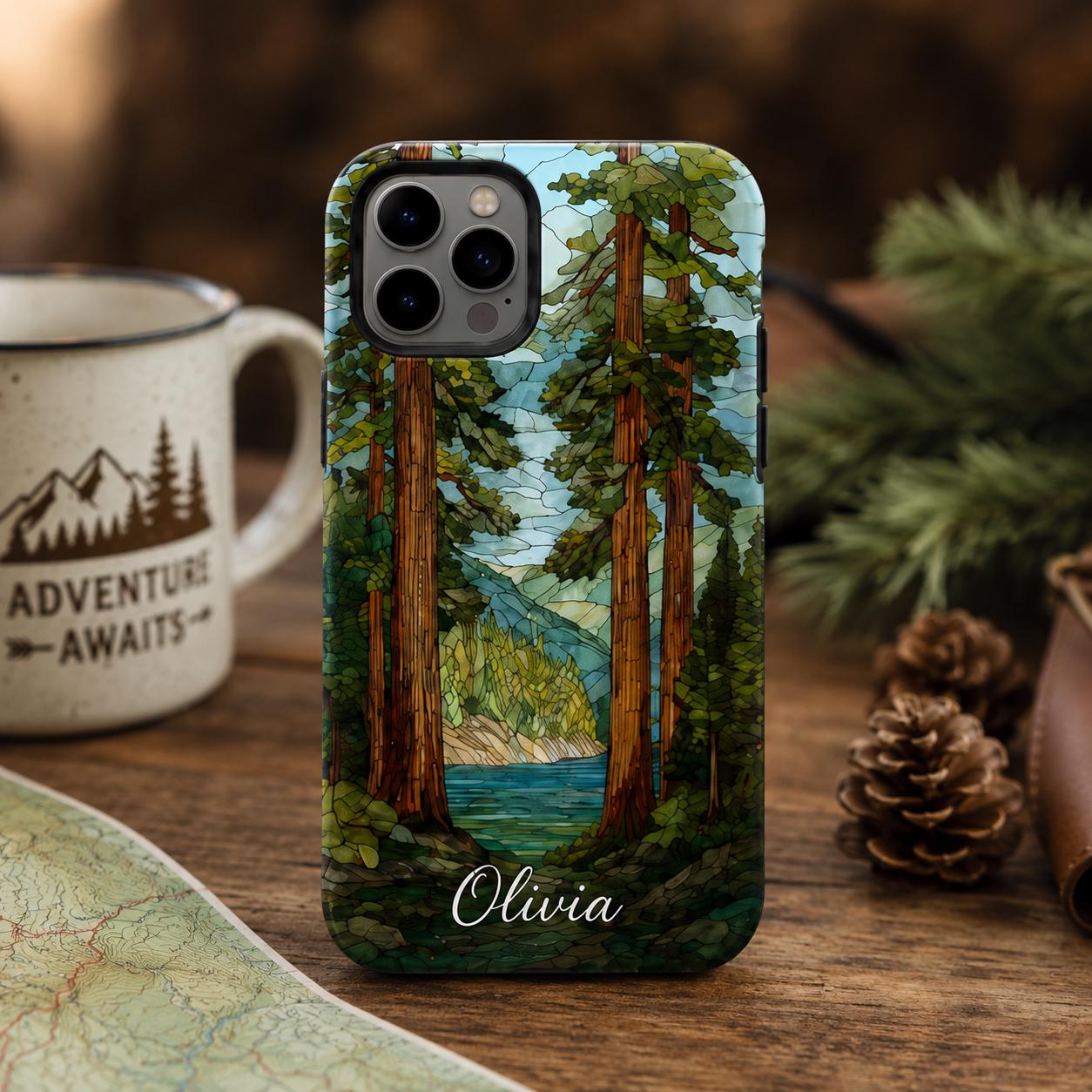 Custom Nature Phone Case, Personalized Mosaic iPhone Case, Forest Mountain Ocean Name Case Gift For Her