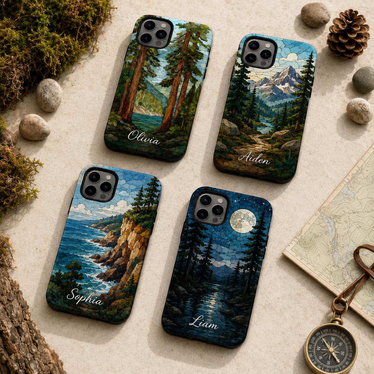 Custom Nature Phone Case, Personalized Mosaic iPhone Case, Forest Mountain Ocean Name Case Gift For Her