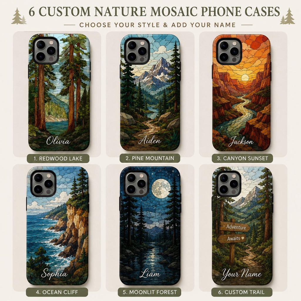 Custom Nature Phone Case, Personalized Mosaic iPhone Case, Forest Mountain Ocean Name Case Gift For Her