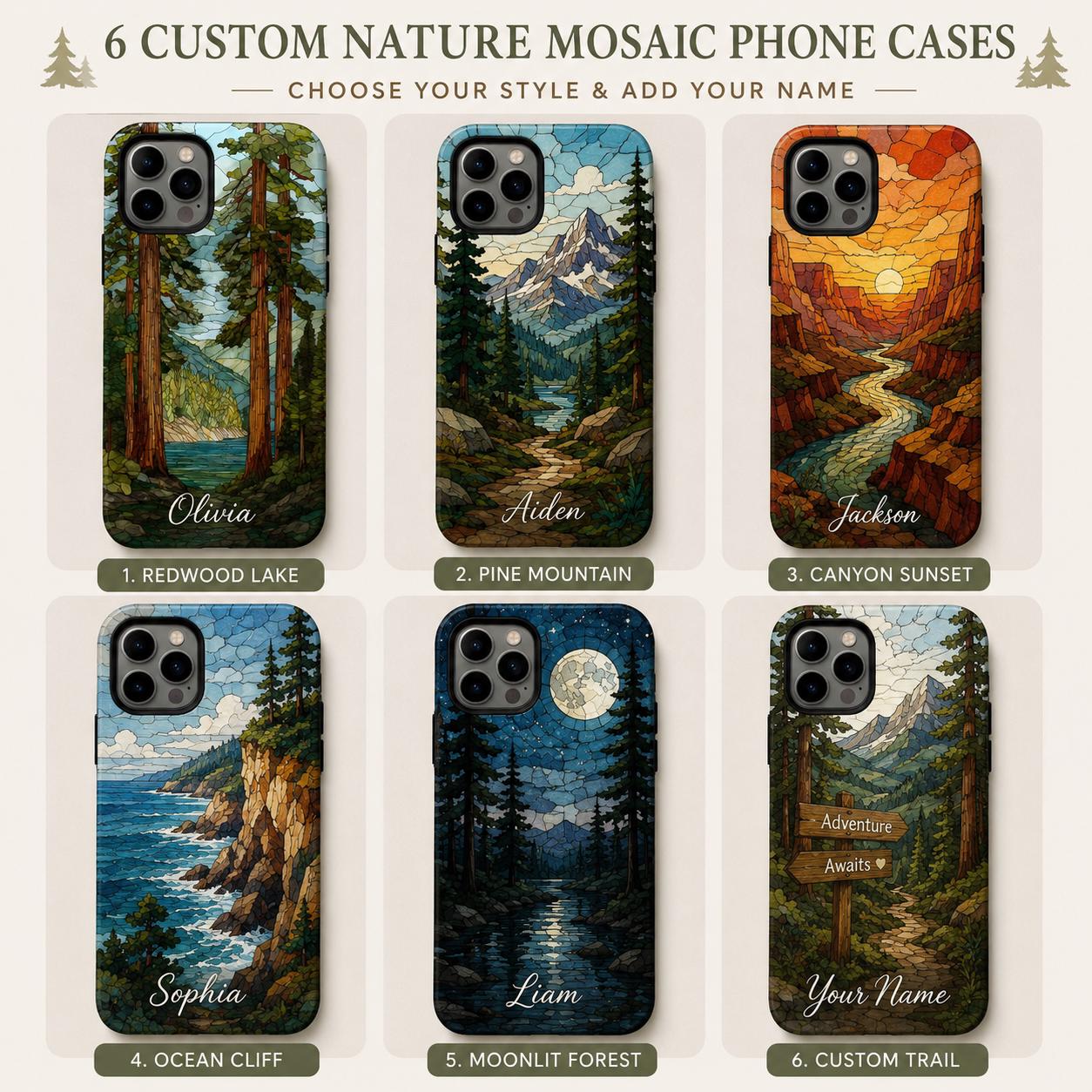 Custom Nature Phone Case, Personalized Mosaic iPhone Case, Forest Mountain Ocean Name Case Gift For Her