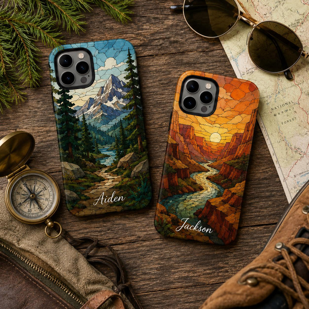Custom Nature Phone Case, Personalized Mosaic iPhone Case, Forest Mountain Ocean Name Case Gift For Her