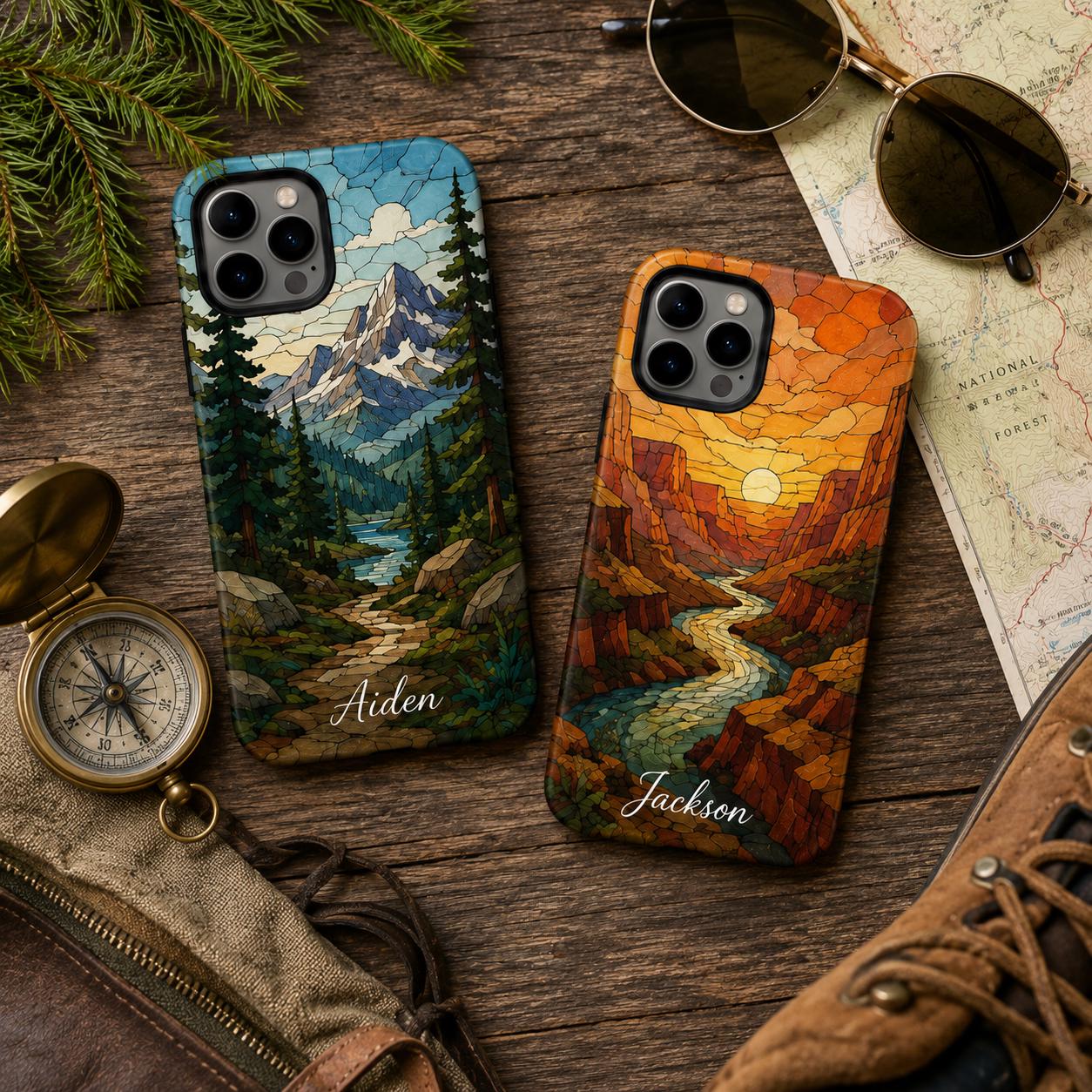 Custom Nature Phone Case, Personalized Mosaic iPhone Case, Forest Mountain Ocean Name Case Gift For Her