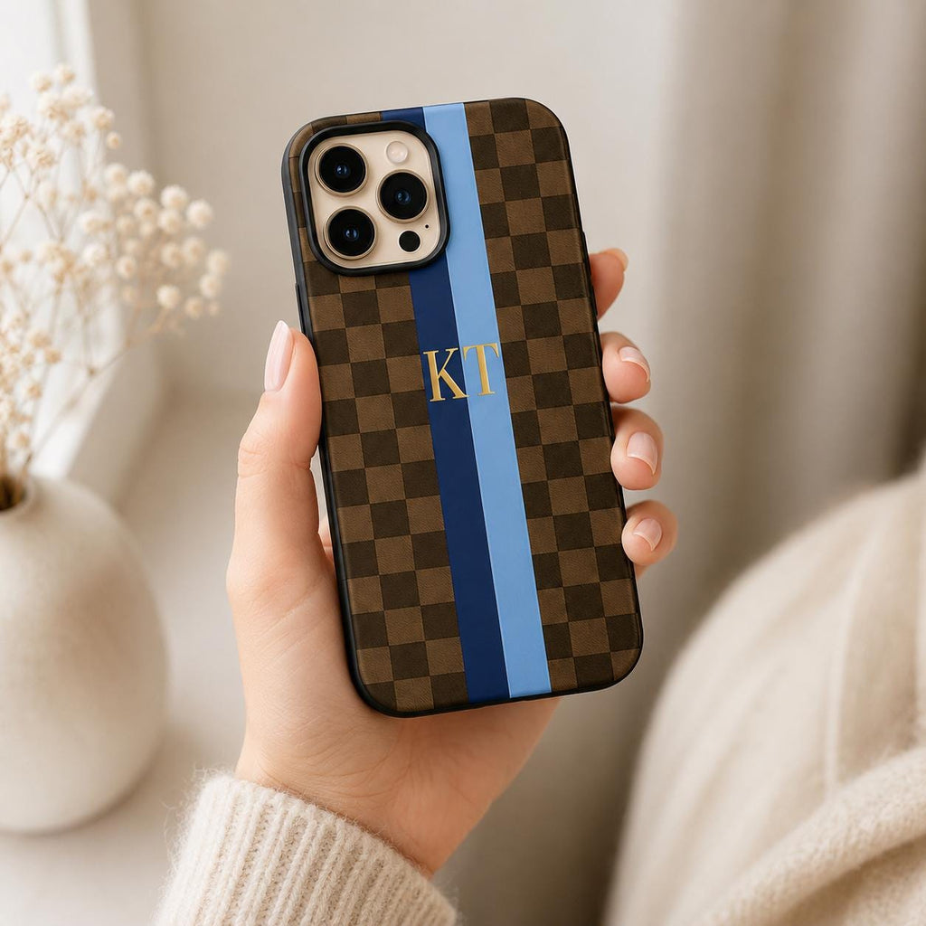 Custom Checkered Phone Case, Personalized Monogram iPhone Case, Preppy Stripe Initial Case Gift