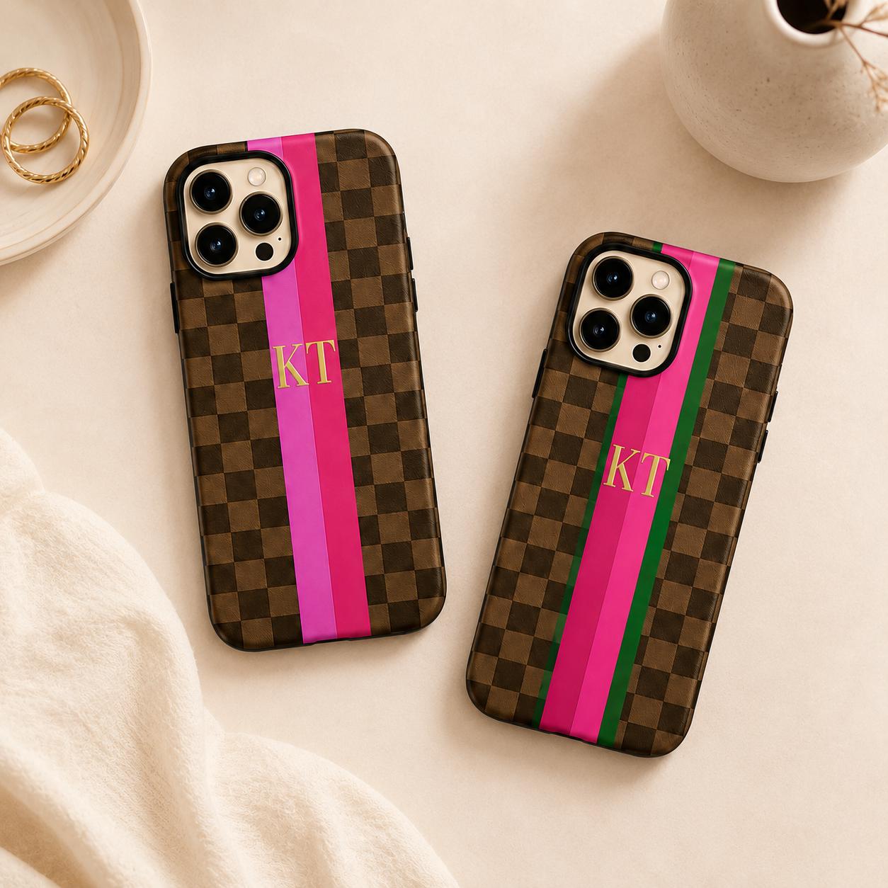 Custom Checkered Phone Case, Personalized Monogram iPhone Case, Preppy Stripe Initial Case Gift