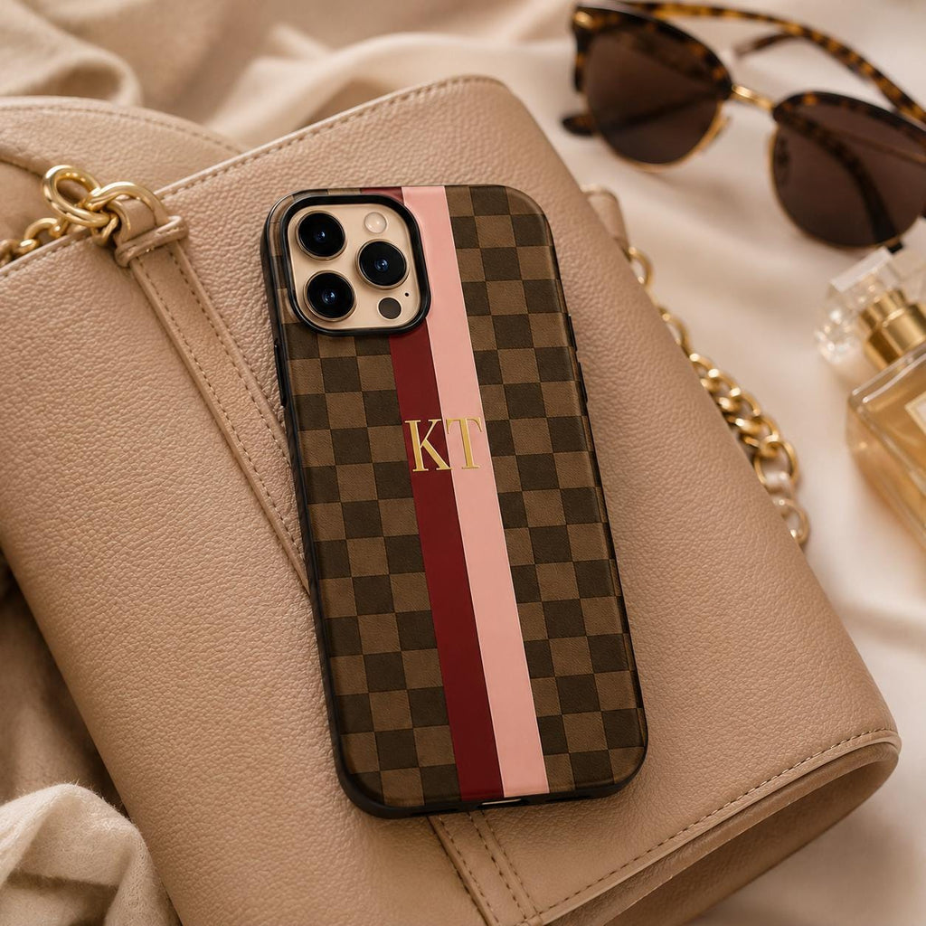 Custom Checkered Phone Case, Personalized Monogram iPhone Case, Preppy Stripe Initial Case Gift