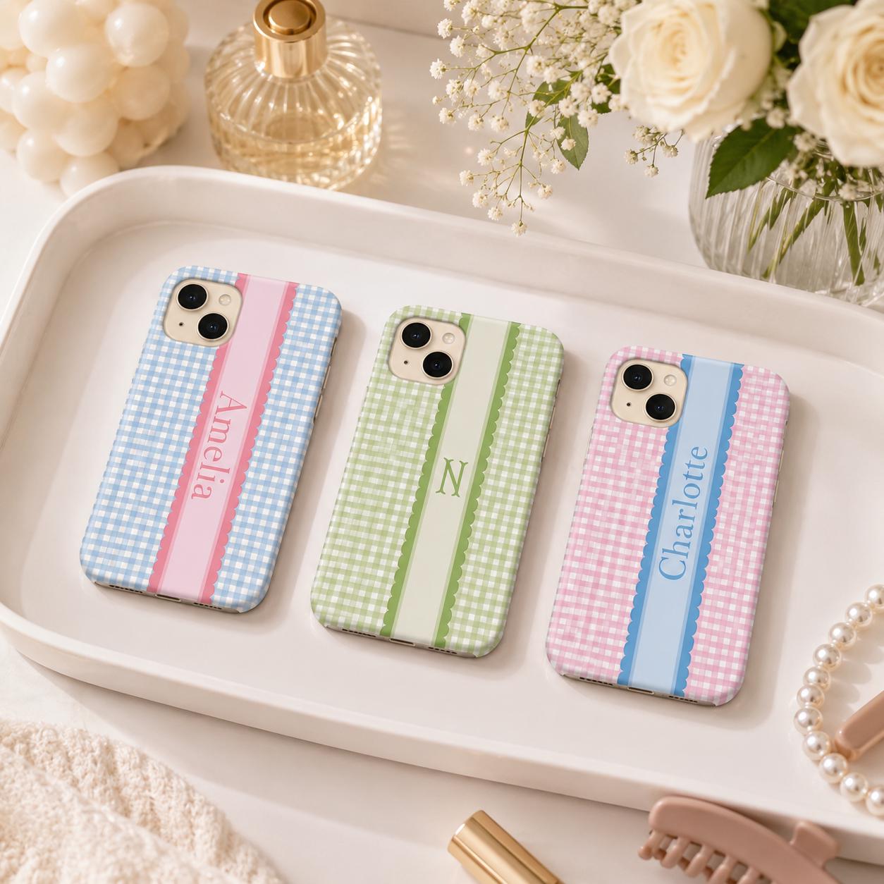 Custom Gingham Phone Case, Personalized Plaid iPhone Case, Preppy Scallop Stripe Monogram Name Case Gift