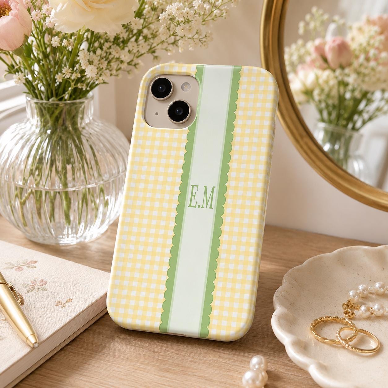 Custom Gingham Phone Case, Personalized Plaid iPhone Case, Preppy Scallop Stripe Monogram Name Case Gift
