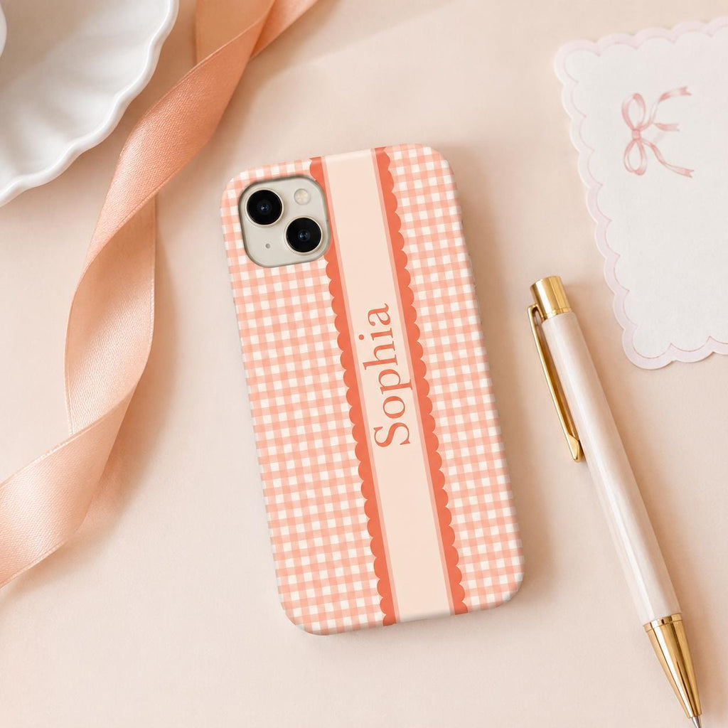 Custom Gingham Phone Case, Personalized Plaid iPhone Case, Preppy Scallop Stripe Monogram Name Case Gift