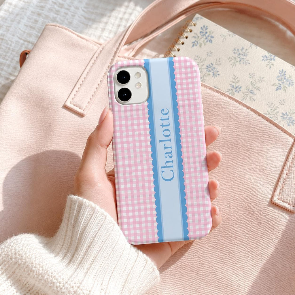 Custom Gingham Phone Case, Personalized Plaid iPhone Case, Preppy Scallop Stripe Monogram Name Case Gift