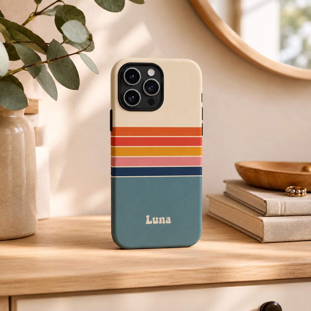 Custom Retro Stripe Phone Case, Personalized Vintage iPhone Case, Color Block Name Case Gift For Her