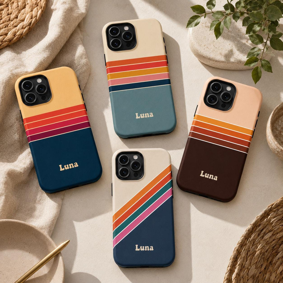 Custom Retro Stripe Phone Case, Personalized Vintage iPhone Case, Color Block Name Case Gift For Her