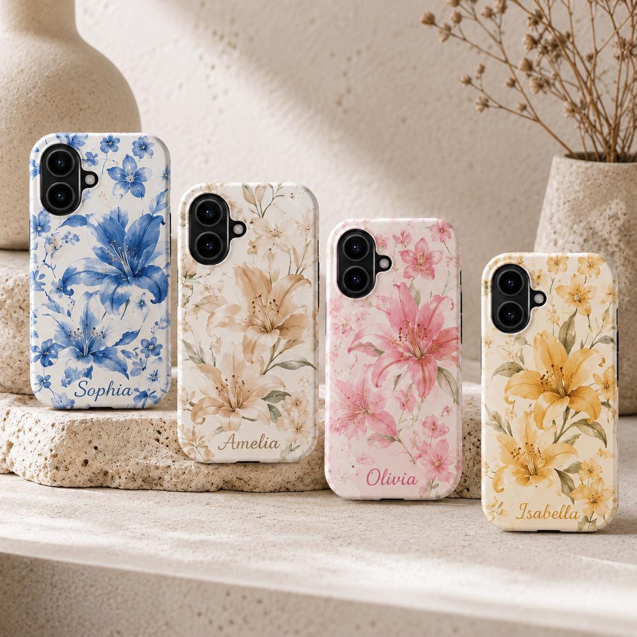 Custom Floral Phone Case, Personalized Lily iPhone Case, Watercolor Flower Name Case Gift For Her