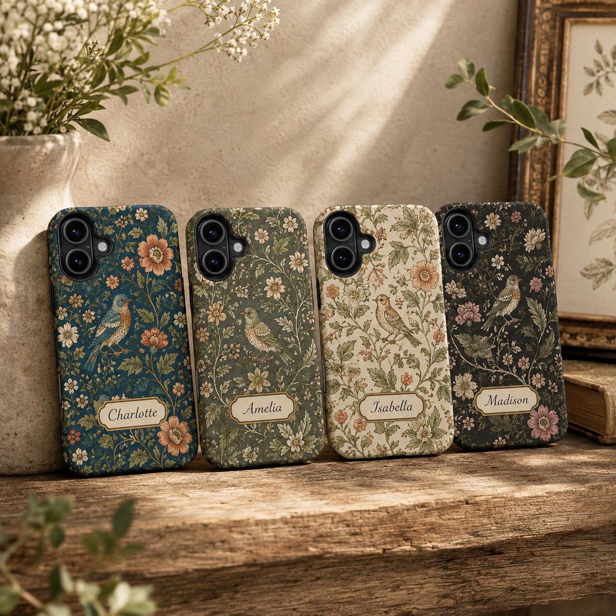 Custom Bird Floral Phone Case, Personalized Vintage Botanical iPhone Case, Cottagecore Name Case Gift