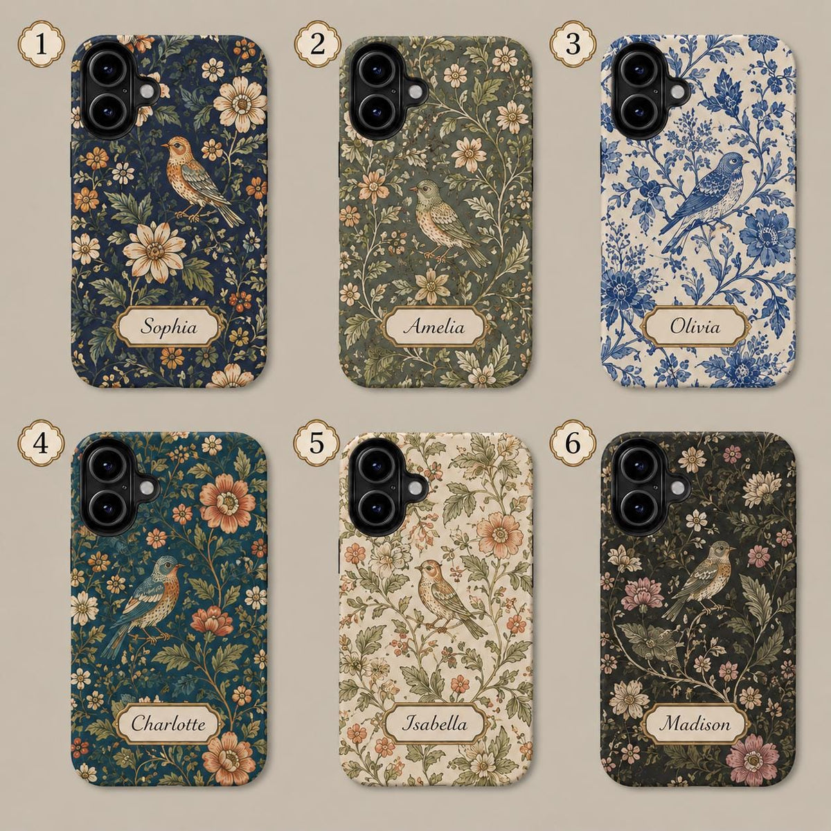 Custom Bird Floral Phone Case, Personalized Vintage Botanical iPhone Case, Cottagecore Name Case Gift