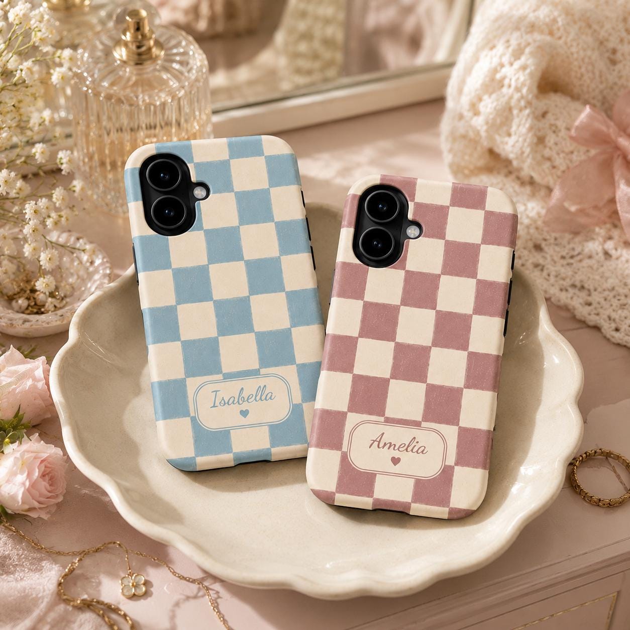 Custom Checkered Phone Case, Personalized Gingham iPhone Case, Plaid Name Case Gift For Her