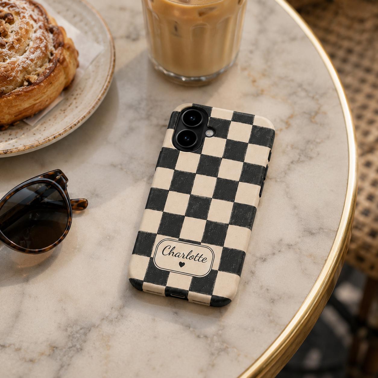 Custom Checkered Phone Case, Personalized Gingham iPhone Case, Plaid Name Case Gift For Her