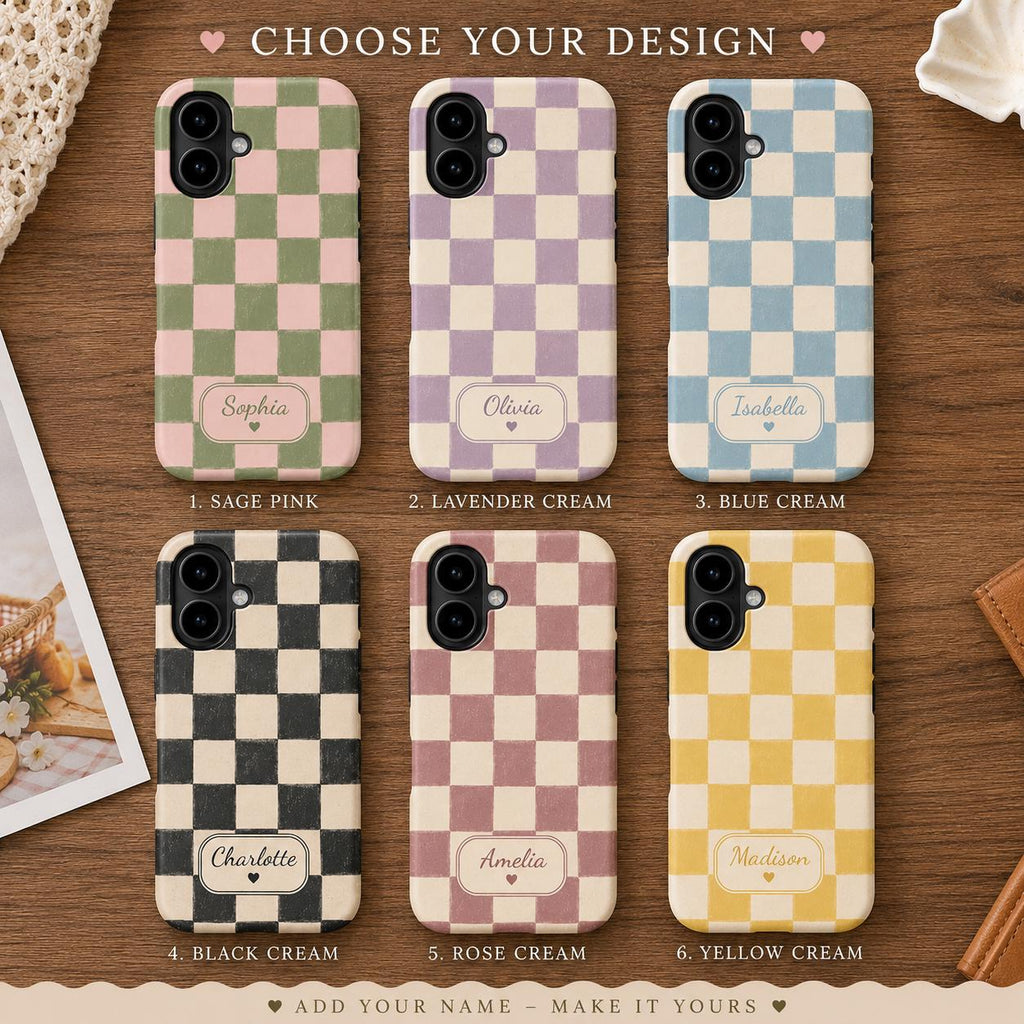Custom Checkered Phone Case, Personalized Gingham iPhone Case, Plaid Name Case Gift For Her