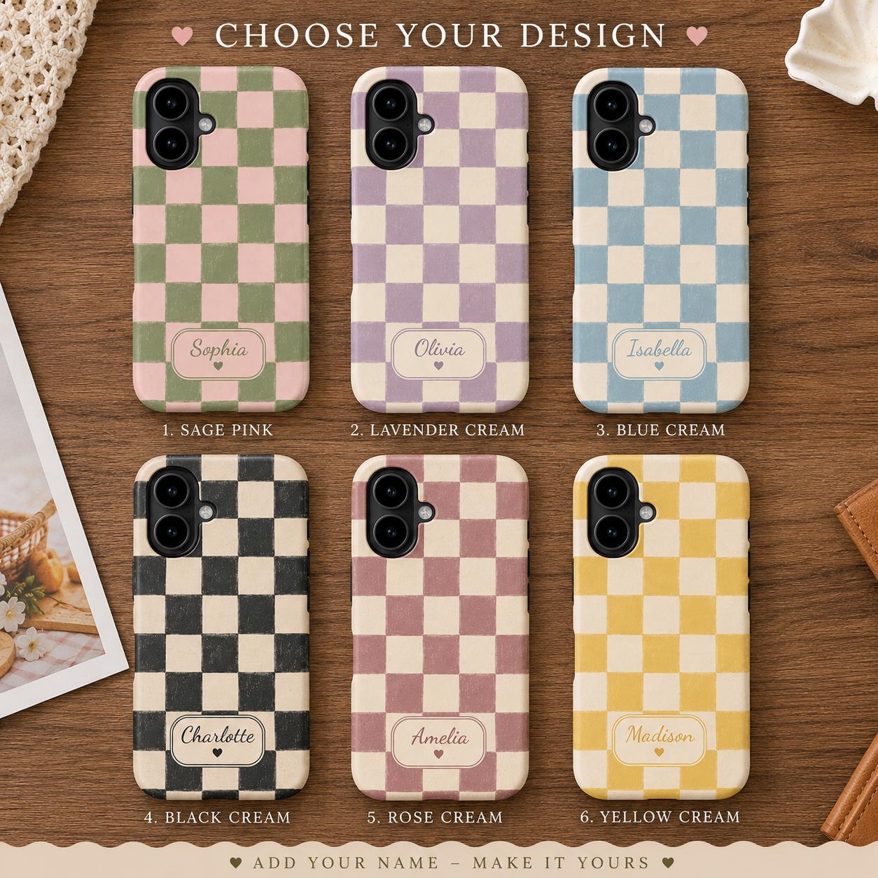 Custom Checkered Phone Case, Personalized Gingham iPhone Case, Plaid Name Case Gift For Her