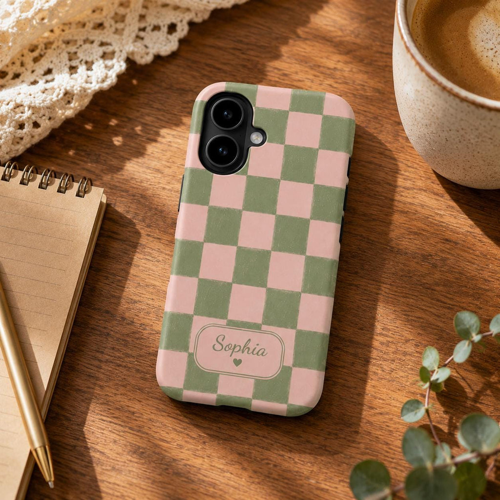 Custom Checkered Phone Case, Personalized Gingham iPhone Case, Plaid Name Case Gift For Her