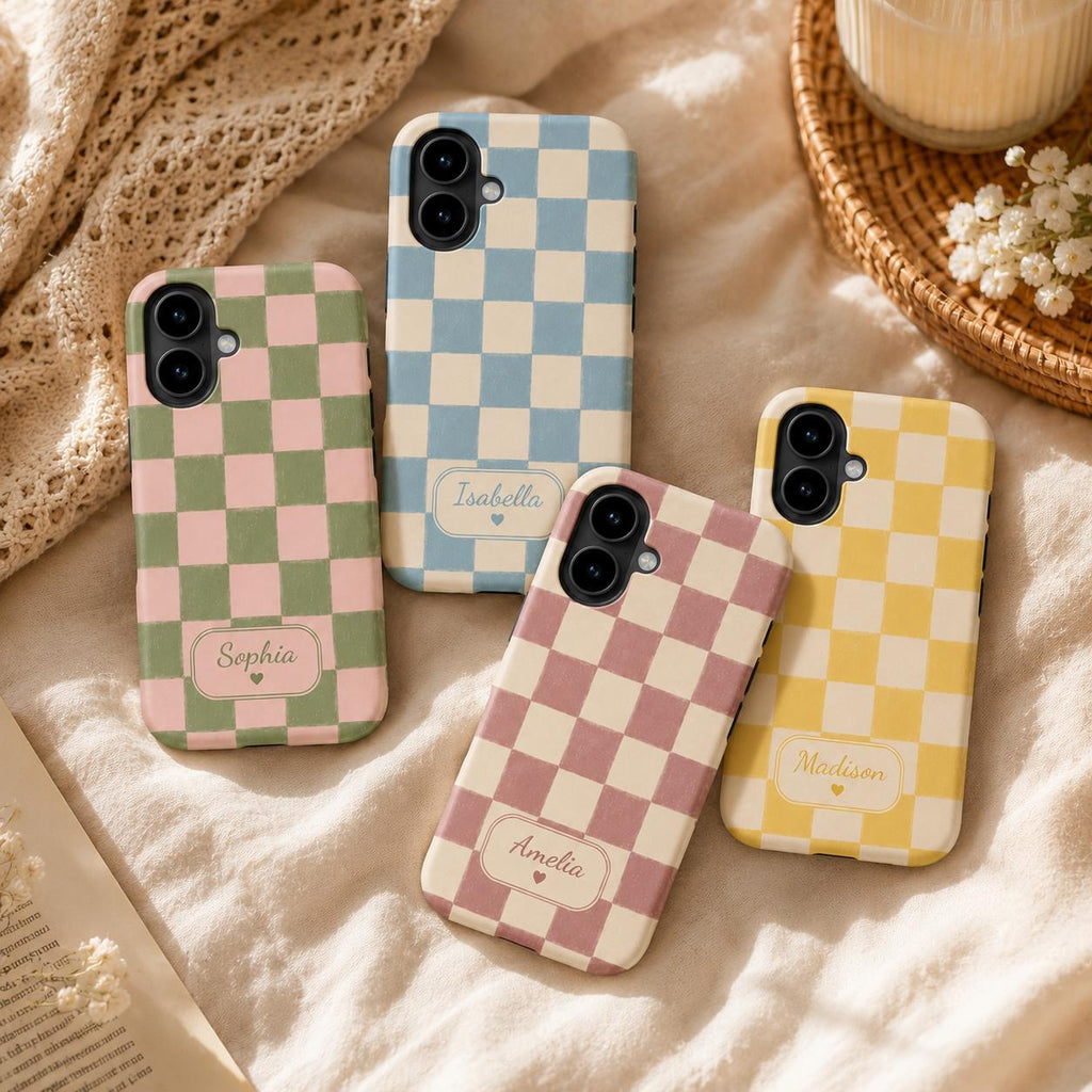 Custom Checkered Phone Case, Personalized Gingham iPhone Case, Plaid Name Case Gift For Her