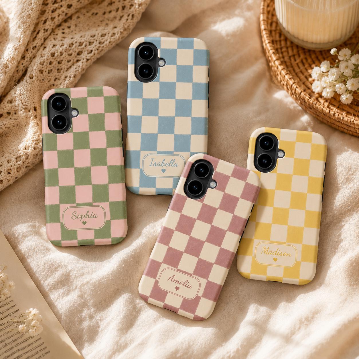 Custom Checkered Phone Case, Personalized Gingham iPhone Case, Plaid Name Case Gift For Her