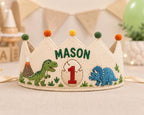 Personalized Dinosaur Birthday Crown, Embroidered Linen-Look Crown, First Birthday Cake Smash Hat, Custom Name Dino Crown