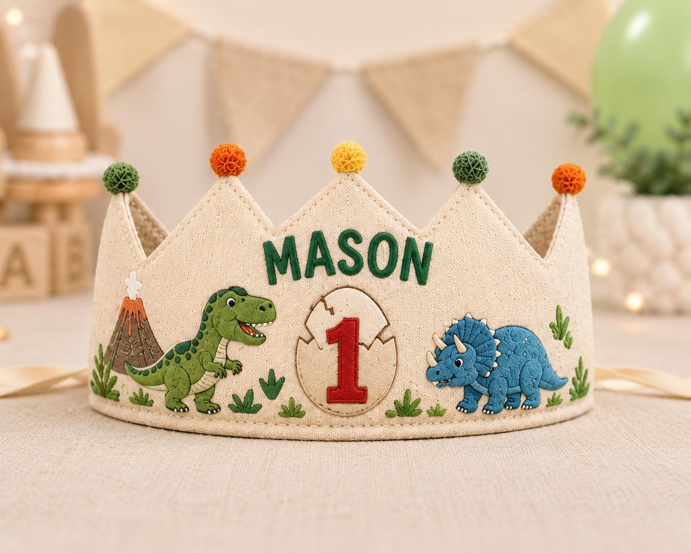 Personalized Dinosaur Birthday Crown, Embroidered Linen-Look Crown, First Birthday Cake Smash Hat, Custom Name Dino Crown