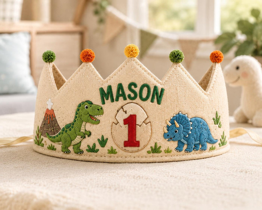 Personalized Dinosaur Birthday Crown, Embroidered Linen-Look Crown, First Birthday Cake Smash Hat, Custom Name Dino Crown