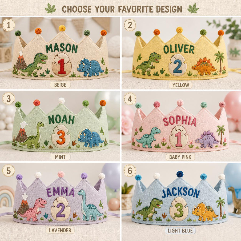 Personalized Dinosaur Birthday Crown, Embroidered Linen-Look Crown, First Birthday Cake Smash Hat, Custom Name Dino Crown
