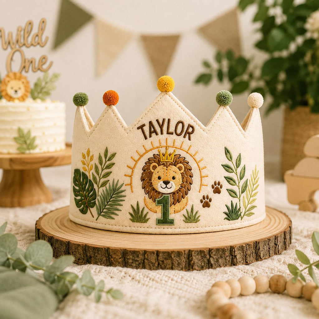 Personalized Lion Birthday Crown, Embroidered Linen-Look Crown, Wild One First Birthday Hat, Safari Cake Smash Crown