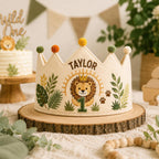 Personalized Lion Birthday Crown, Embroidered Linen-Look Crown, Wild One First Birthday Hat, Safari Cake Smash Crown