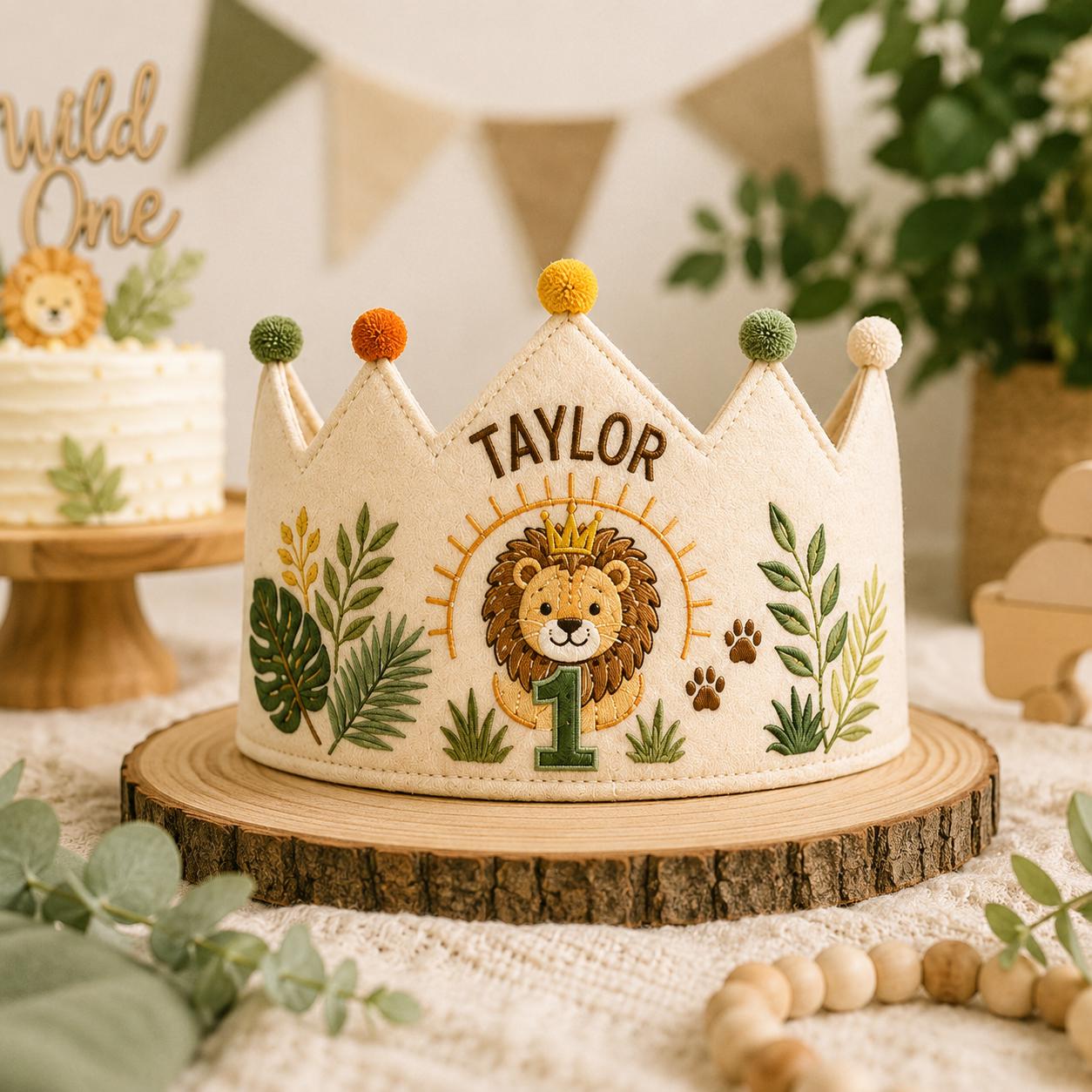 Personalized Lion Birthday Crown, Embroidered Linen-Look Crown, Wild One First Birthday Hat, Safari Cake Smash Crown