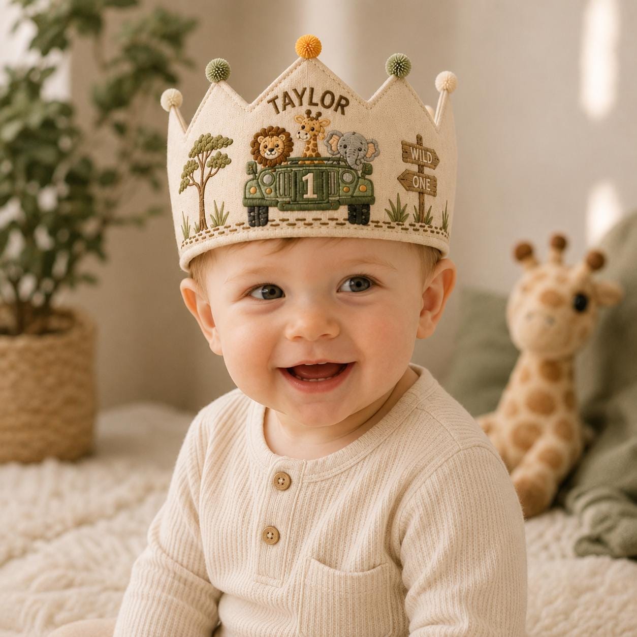 Personalized Safari Birthday Crown, Embroidered Linen-Look Crown, Wild One First Birthday Hat, Custom Jungle Animal Crown