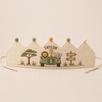 Personalized Safari Birthday Crown, Embroidered Linen-Look Crown, Wild One First Birthday Hat, Custom Jungle Animal Crown