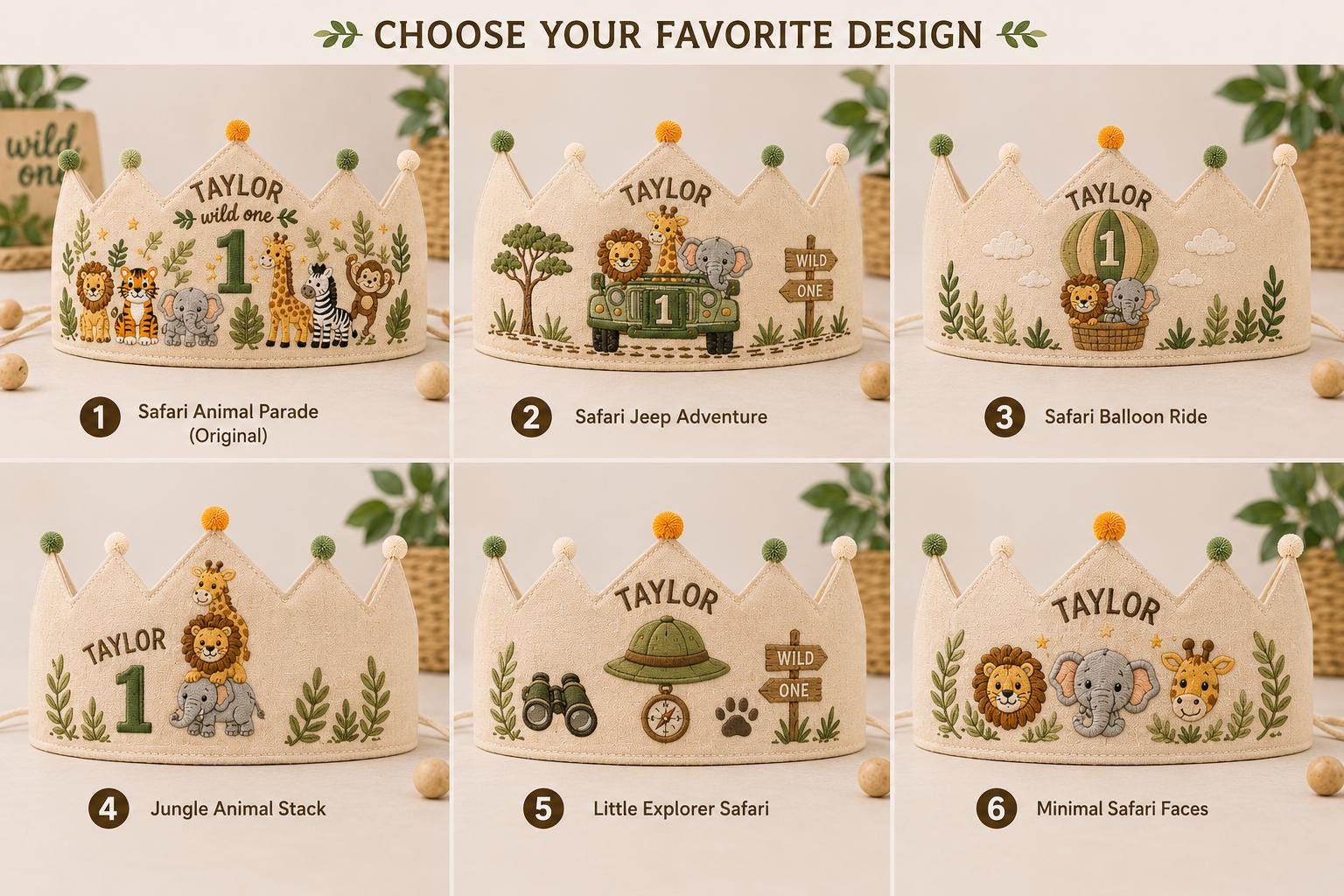 Personalized Safari Birthday Crown, Embroidered Linen-Look Crown, Wild One First Birthday Hat, Custom Jungle Animal Crown