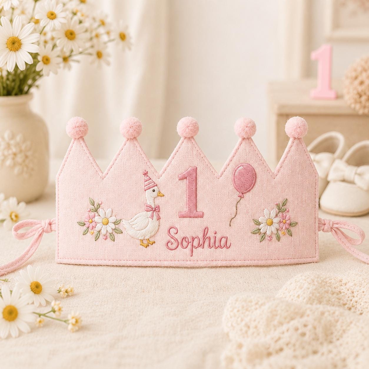 Personalized Goose Birthday Crown, Embroidered Linen-Look Crown, Daisy First Birthday Hat, One Silly Goose Cake Smash Crown