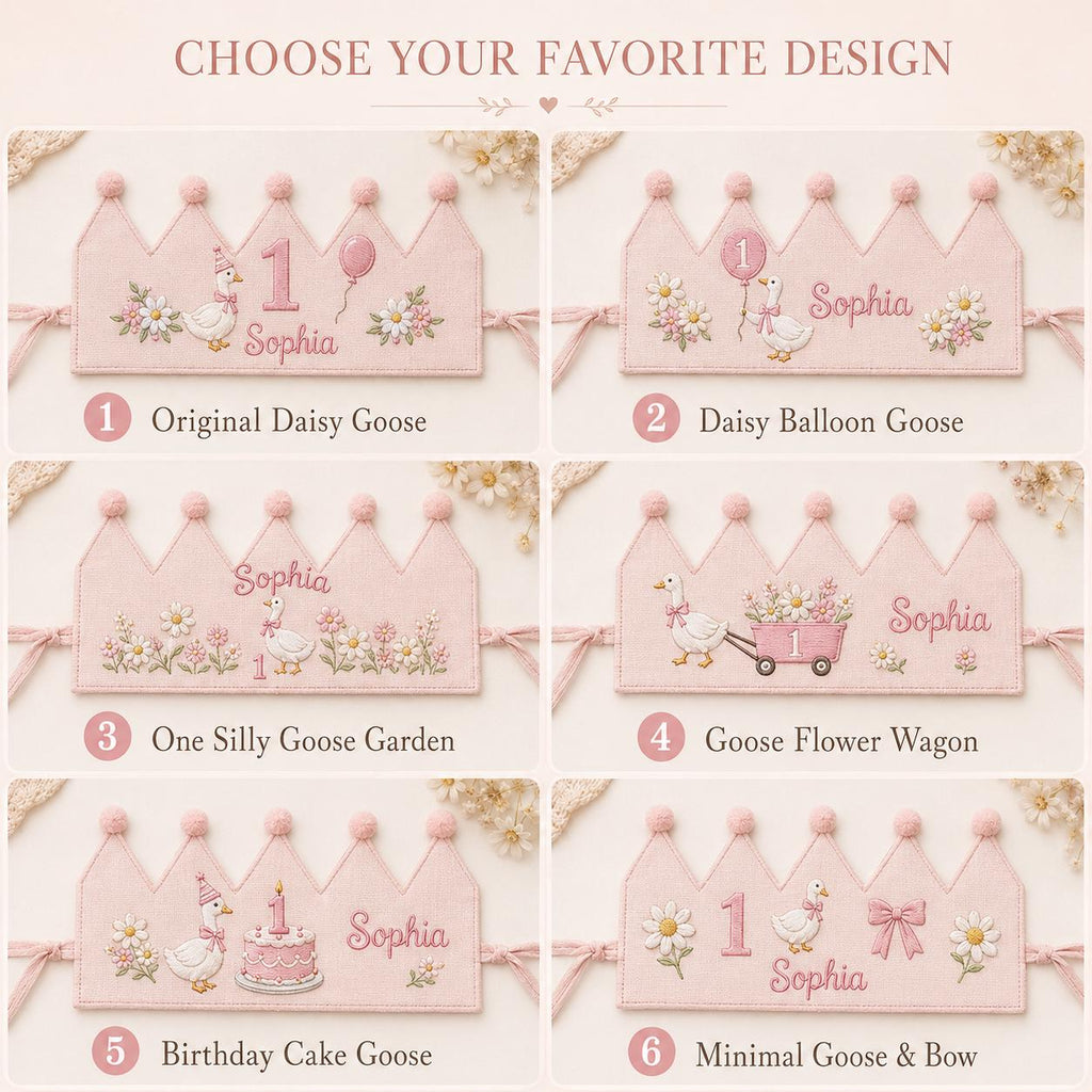 Personalized Goose Birthday Crown, Embroidered Linen-Look Crown, Daisy First Birthday Hat, One Silly Goose Cake Smash Crown